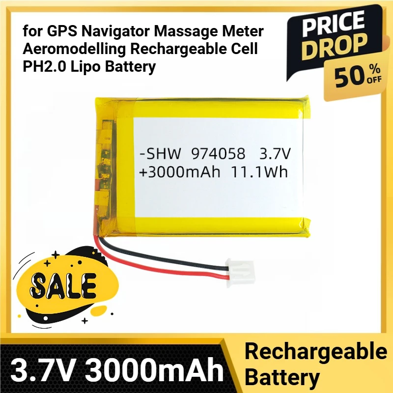 

974058 3.7V 3000mAh Lithium Polymer Batteries for GPS Navigator Massage Meter Aeromodelling Rechargeable Cell PH2.0 Lipo Battery