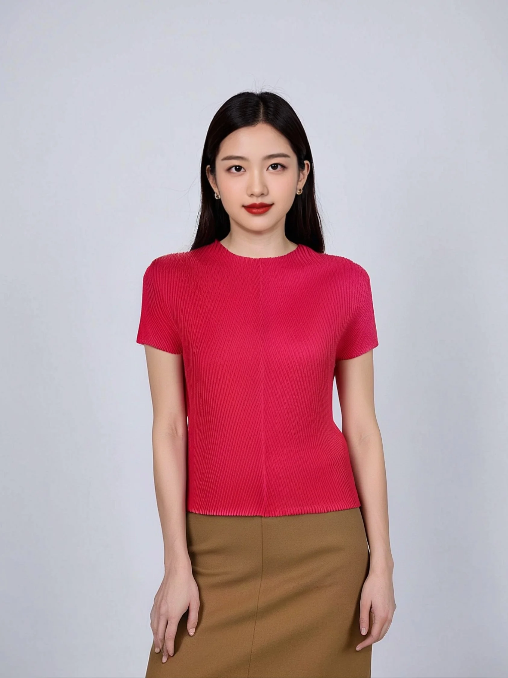 Miyake Pleated Summer New 2025 Stand-up Collar Solid Color Dragon Scale Pleated Blouse Versatile Short-sleeved T-shirt Female