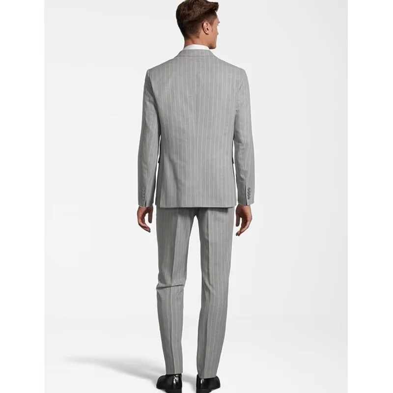 طقم بدلة مخططة ضيقة مزدوجة الصدر للرجال لملابس رسمية لحفلات الزفاف مناسبة للعمل (سترة + بنطلون) #4