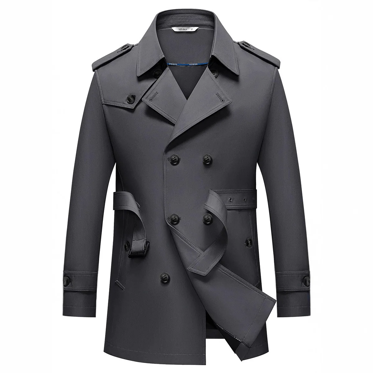 

Мужское длинное осенне-зимнее пальто с глубокими плечевыми лямками, двойной застежкой на пуговицах, поясом, отложным воротником и широкими штанинами, больших размеров