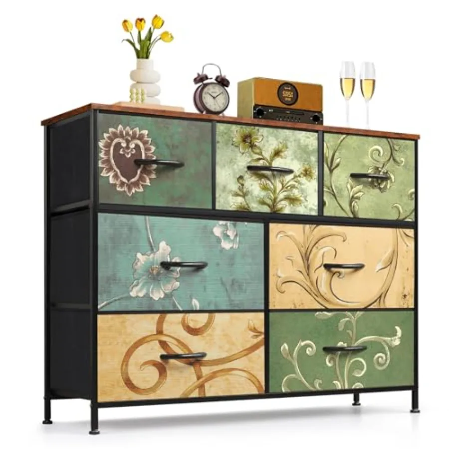

7-Drawer Dresser for Bedroom, Anti-Tip Wide Storage Organizer Fabric Chest of Drawers TV Stand for 45" TV with Wooden Top and M