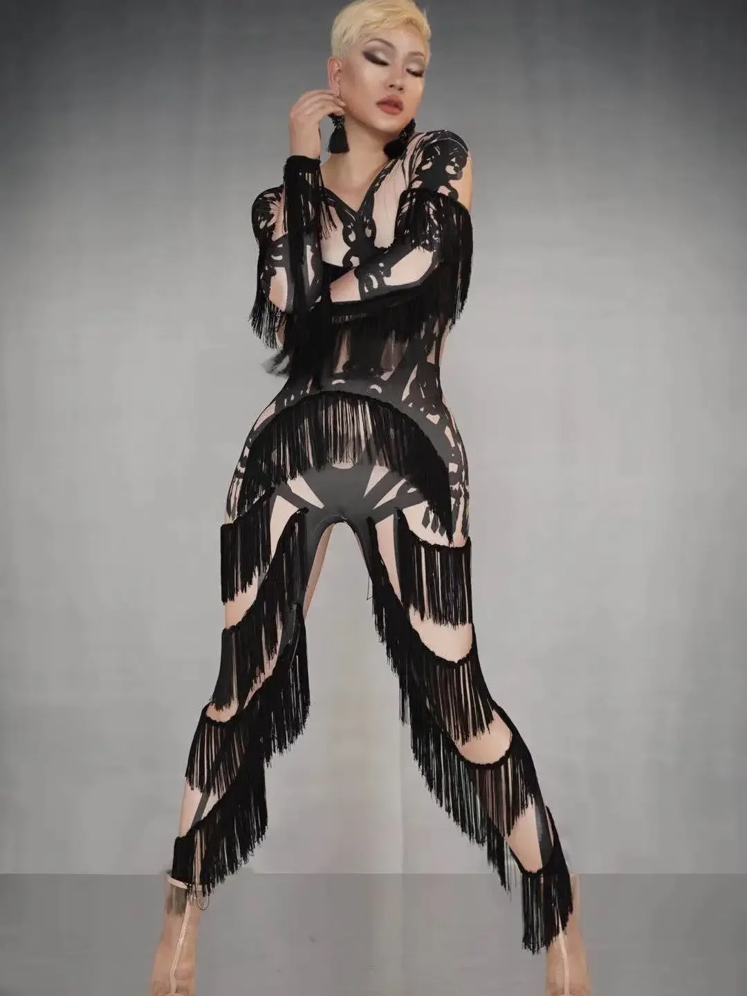 Tuta da donna elasticizzata attillata con stampa nappa a maniche lunghe nera Costume da cantante DJ da ballo