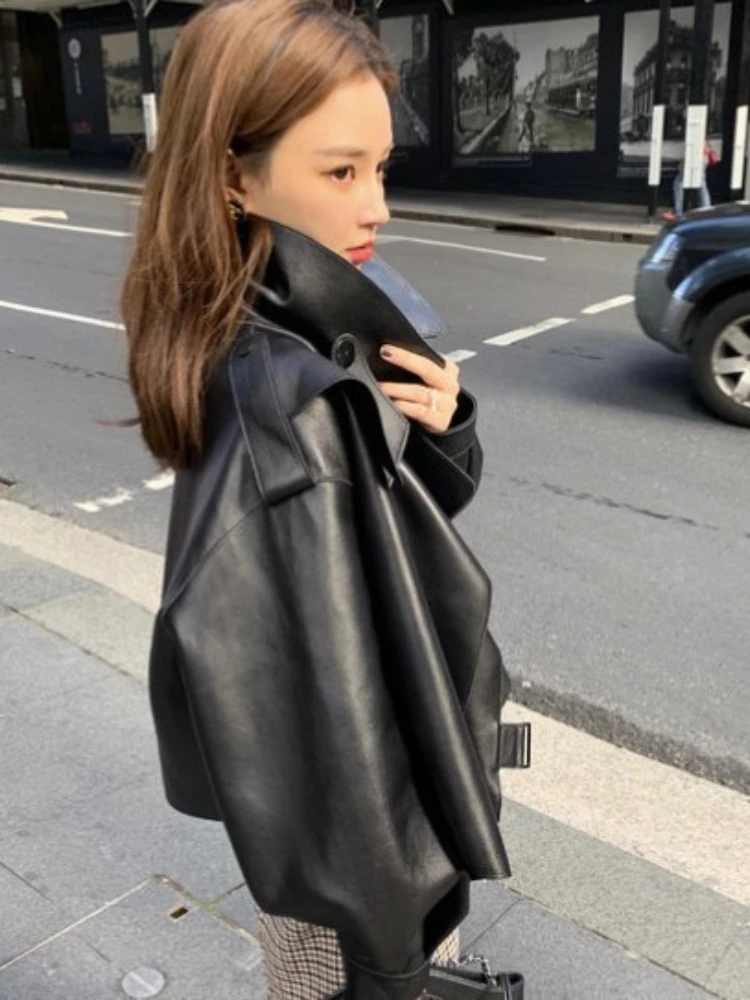 Fried Street Motorcycle Leather Clothes Women's New Korean Large Lapel Loose Short PU Black Jacket In Autumn 2022