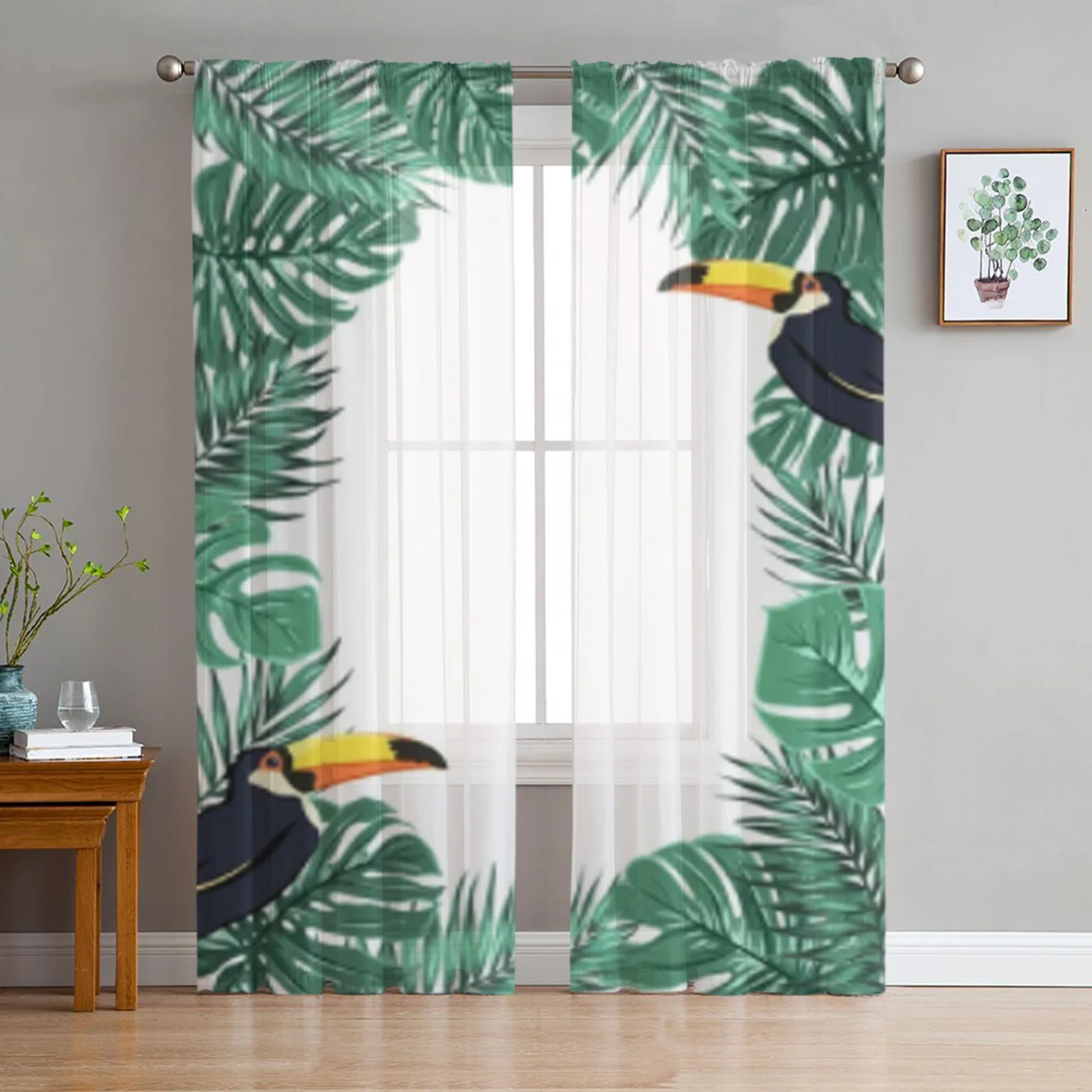 Tropical Jungle Leaves with Toucan Bird Tulle Curtains for Living Room Yarn Sheer Voile Curtain for Bedroom Kitchen Drape Decor