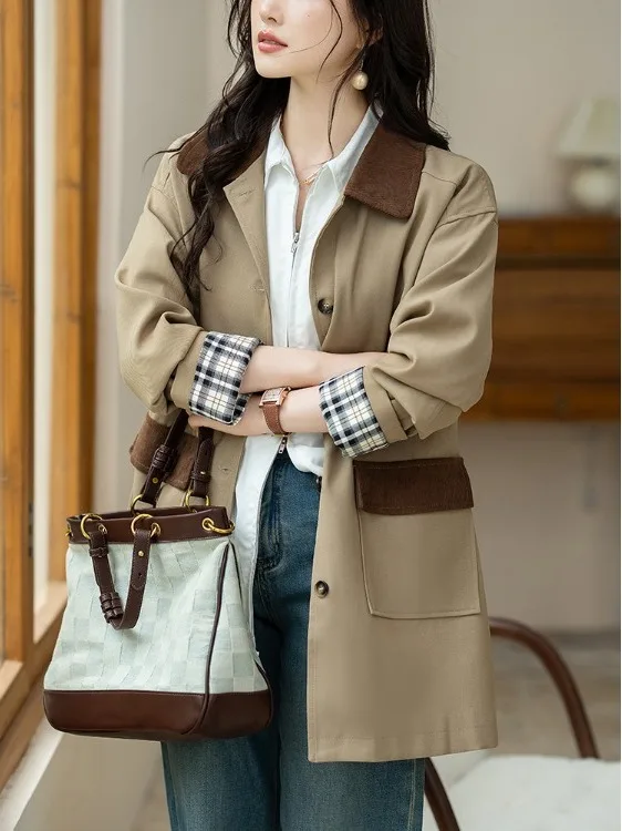 

Khaki Casual Sle Women's Windbreaker Coat Spring Autumn New Design Collar Color Blo Briti Sle ular Long Sve Coat