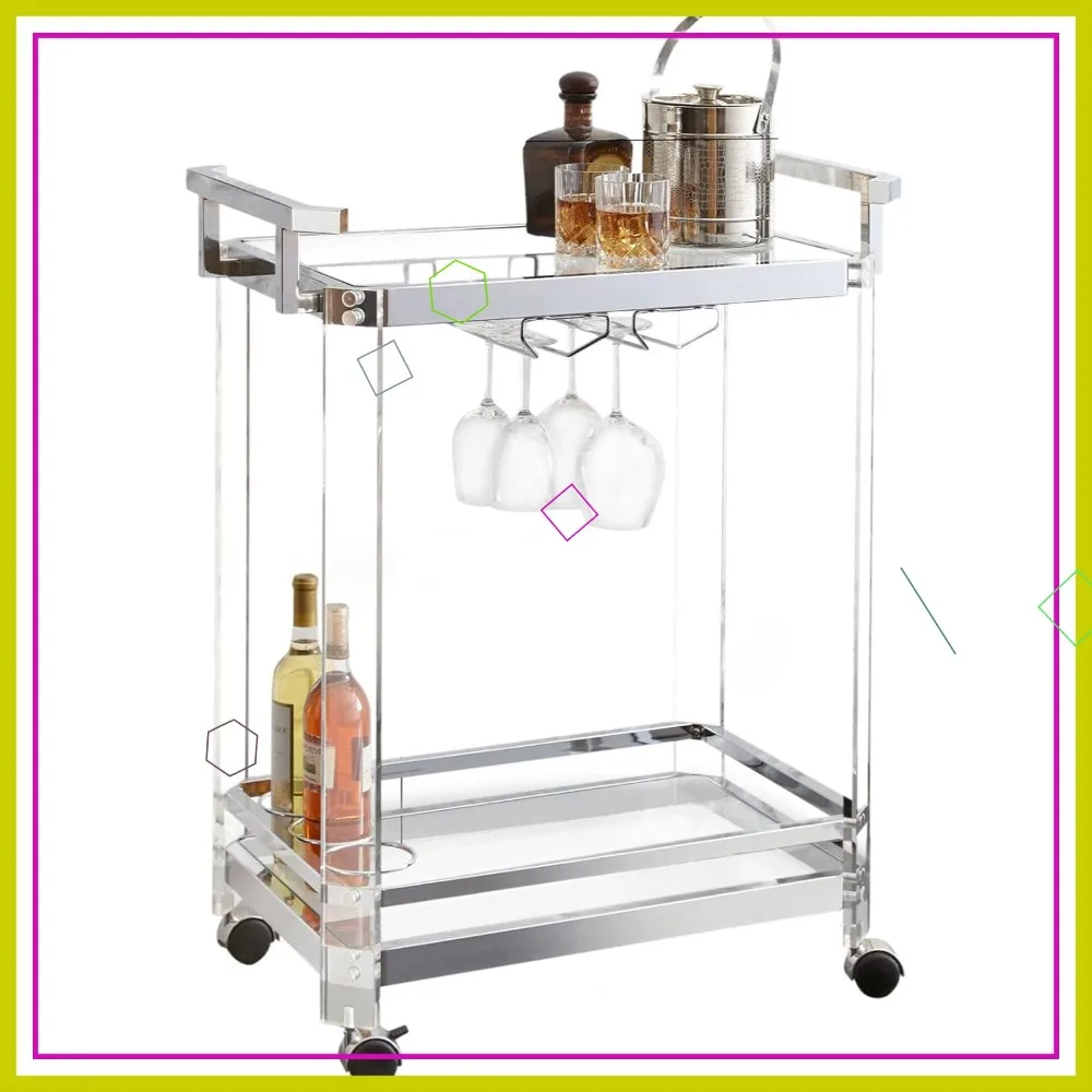 

Silver Kitchen Server Cart with Tempered Glass, 2 Shelves, 4 Casters & Wine Holder, 28" L x 17" W x 35" H