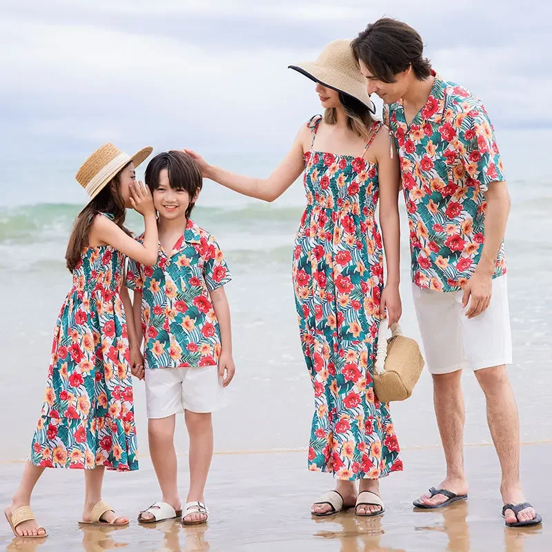 Family Holiday Clothes Dad and Son Boy Beach Shirts Two Piece Sets Vacation 2023 Mom and Baby Girl Floral Smock Dress Sleeveless