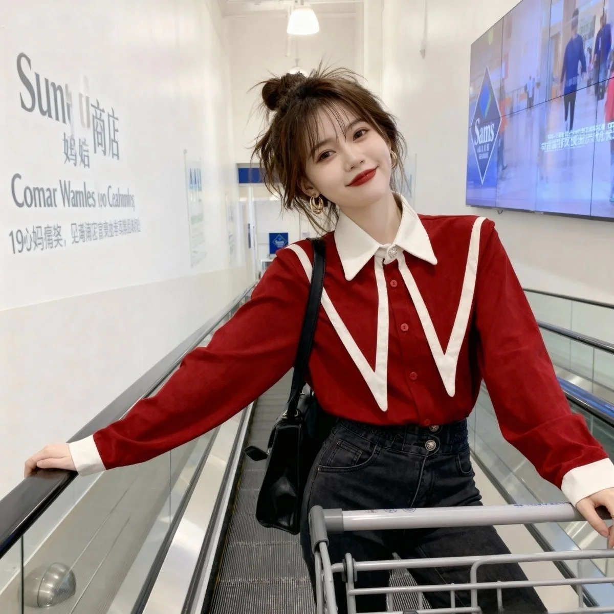 

Spring Autumn Loose Fit Long Sve Women's irt Thin Red Versatile Base Layer Top Korean Sle Commute Faion