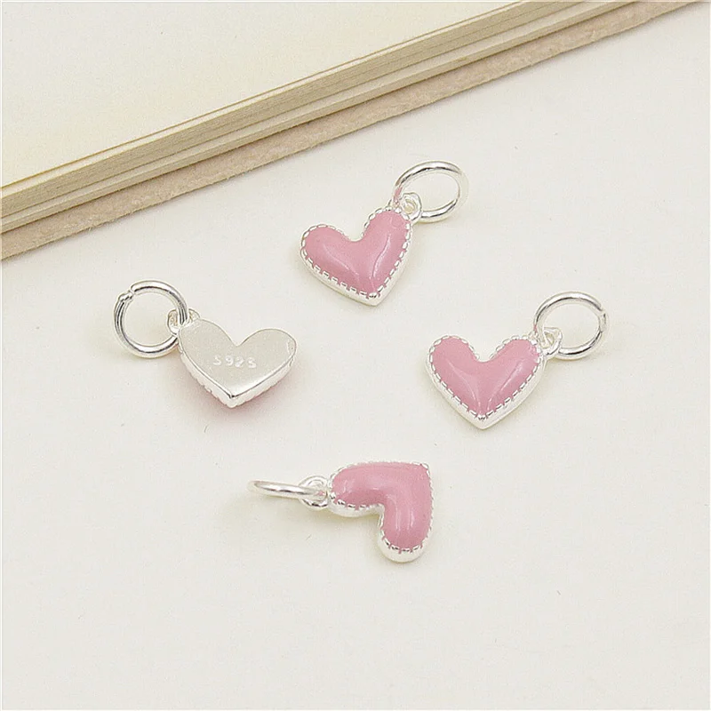 100% Real Sterling 925 Silver Accaccessories Pink Heart Charm Pendant For Bracelets and Necklaces Key Diy Material for Jewelry