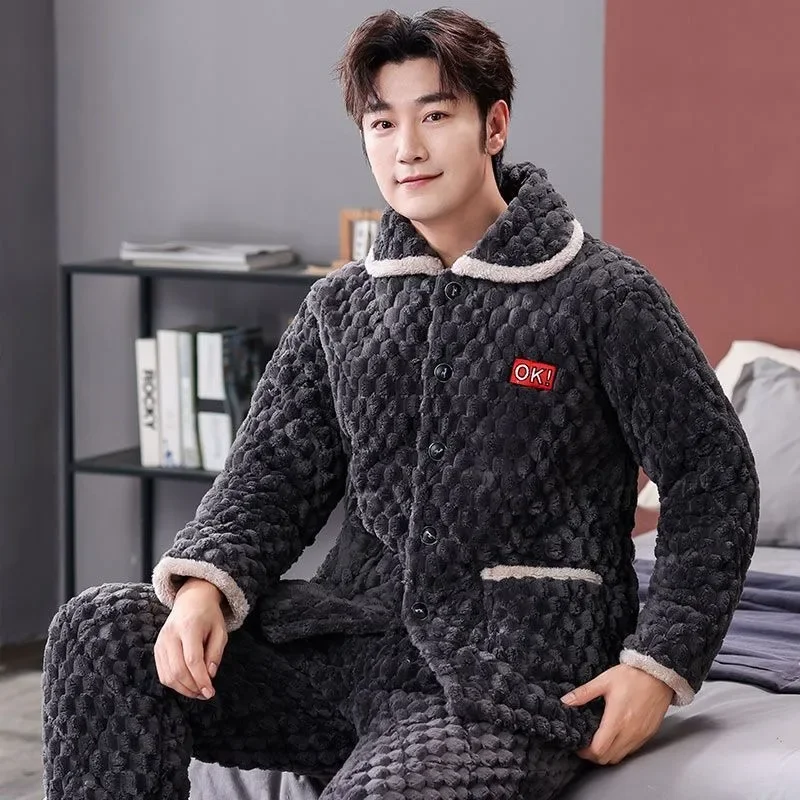 2024 New Men Pajamas Lapel Homewear Thickened Velvet Loungewear Three-layer Cotton Flannel The Plus Size Warm Sleepwear Suit