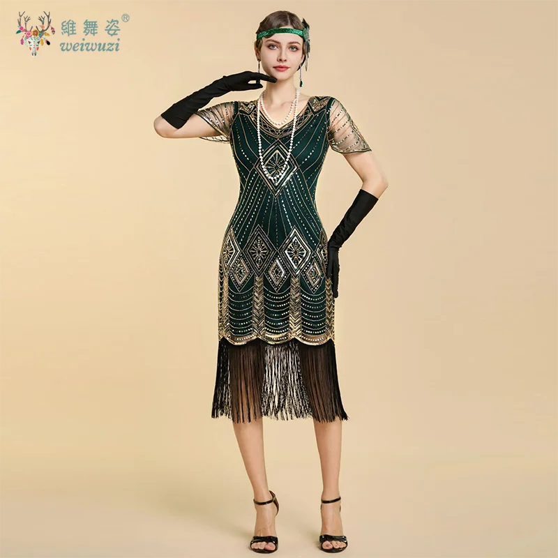 

1920s Gatsby Retro Theme Makeup Ball Evening Dress Elegant V-neck Short Sleeve Sparkling Bead Embroidered Tassel Evening Dress