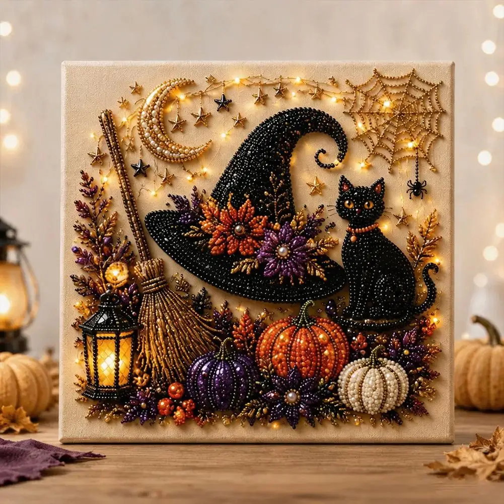 Halloween Geist & Kürbis 3D Perlenkunst DIY-Set 3D Perlenmosaik Bastelset Niedliche Schwarze Katze Geist Kürbis Leinwandkunst Heimdekoration – Detail 12