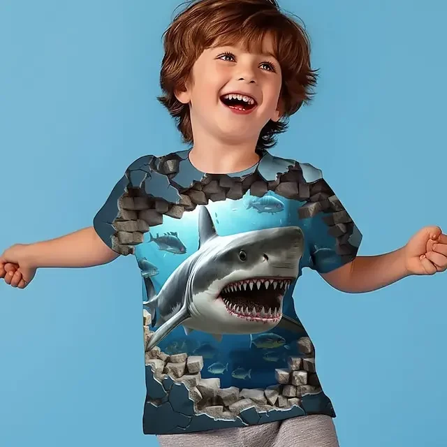 Boys 3D Shark Tee Shirt Short Sleeve 3D Print Summer Active Sports Fashion Polyester Kids Crew Neck Outdoor Casual Daily Regular