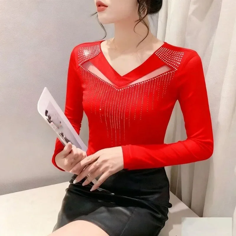 Women's Slim Fit V Neck Blouse Long Sleeve Rhinestone Top Sheer Mesh Fabric New Chinese Style Casual Shirt For Elegant Look