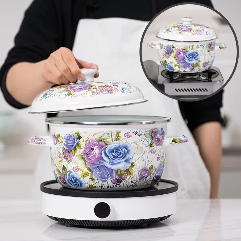 Enamel Stew Pot Non-Stick Cookware for Kitchen Thickened Household Highlight Soup Pot Vintage Flower with Lid Handler Ramen pot