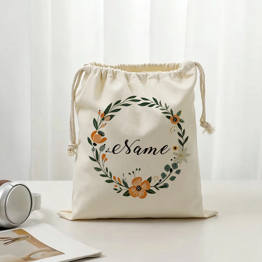 Personalized Floral Wreath Drawstring Bags Custom Names Cute Orange Flower Botanical Storage Gifts Pouches Travel for Women Girl