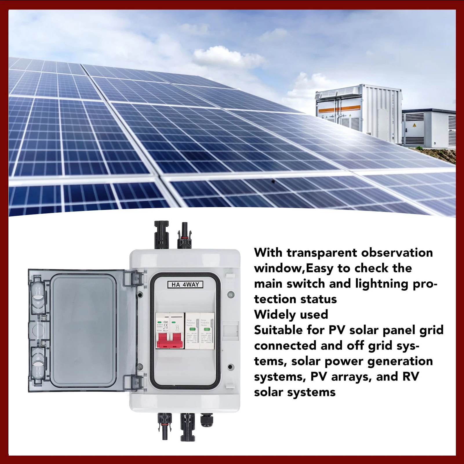 PV Combiner Box IP65 Waterproof Solar Photovoltaic Combiner Box with DC500V 32A Circuit Breaker Surge Protector