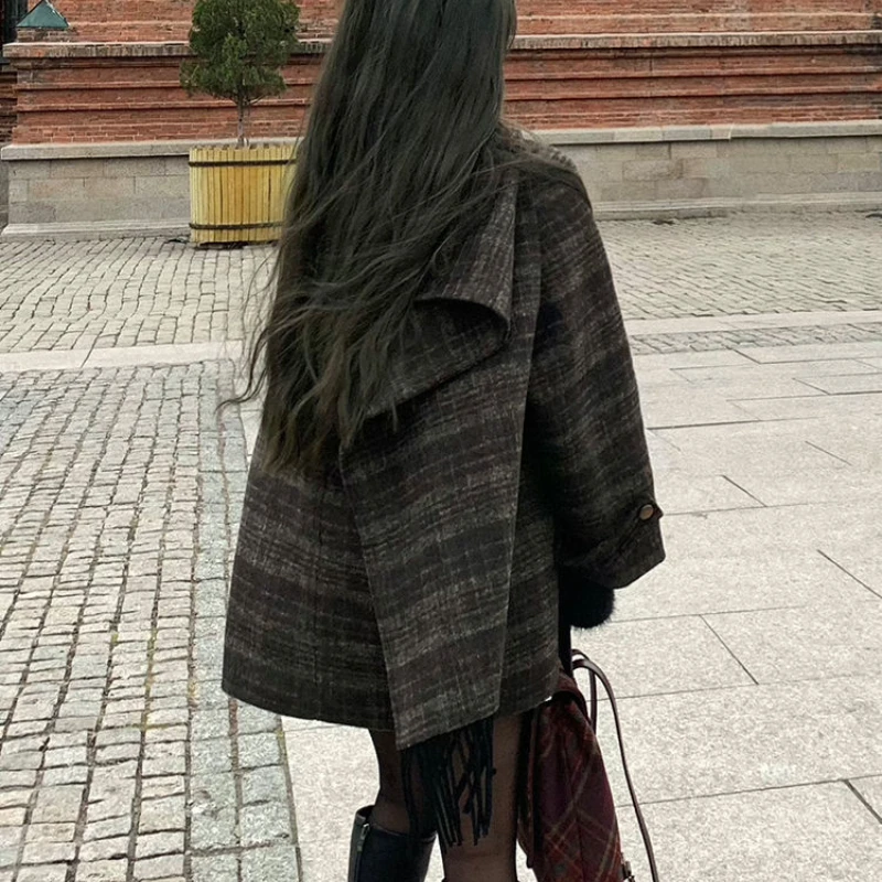 Vintage Y2k Plaid Tweed Blazer Coats Autumn Winter Warm Loose Scarf Jacket One-piece Clothes Elegant Ladies Single-breasted Coat