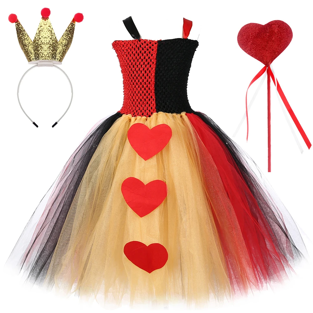 Red Queen of Hearts Long Dresses for Girls Christmas Halloween Costumes Kids Xmas Carnival Outfit Full Length Tutus with Crown