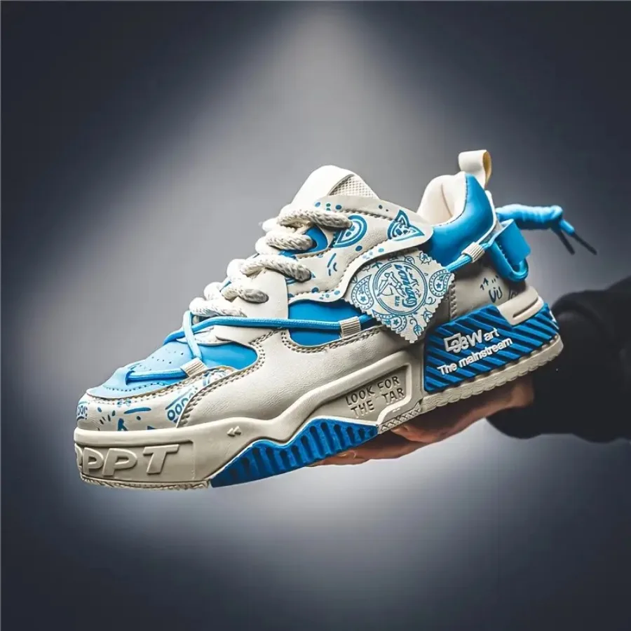 

Men'S Blue And White Color-Block Casual Shoes Featuring a Paisley Pattern Perfect for Retro Street Style