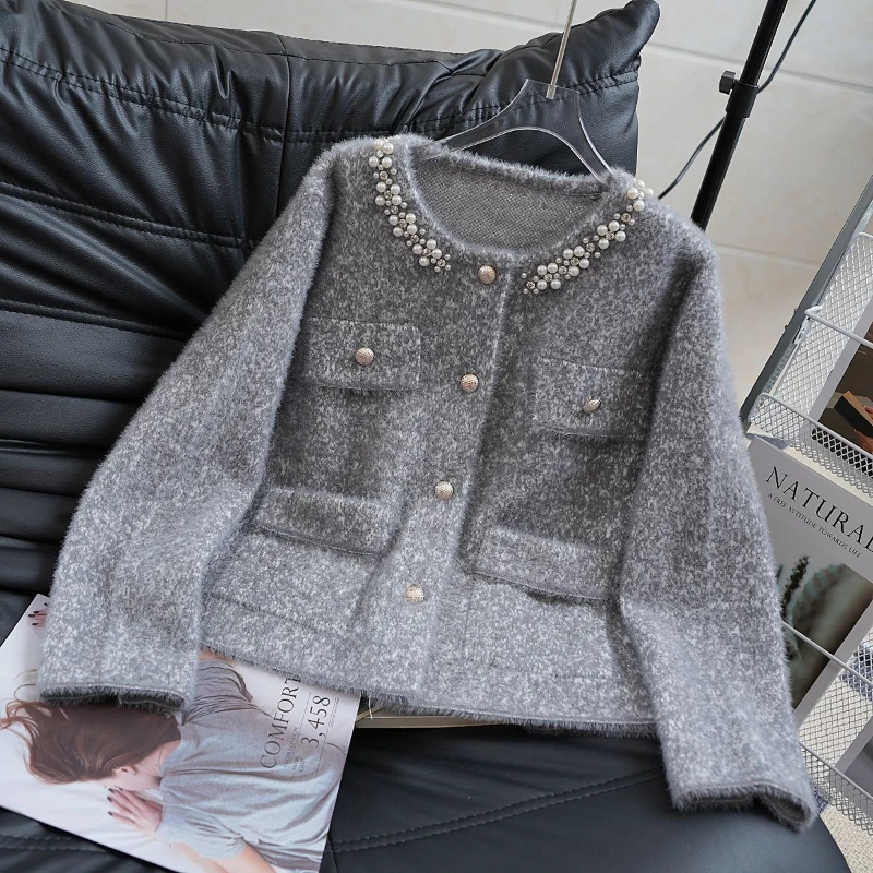 Premium Thick Crew Neck Jacket, New Style, Elegant Knit Beaded Loose Fit, Slim Fit, Harajuku Retro, Minority Fashion Top