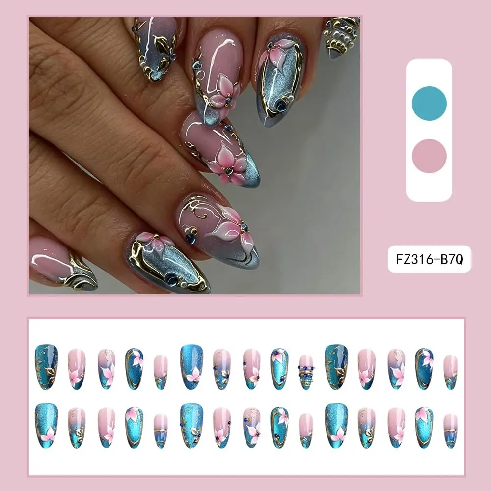 Blue Cat Eyes Press on Nails Almond Medium Flower Fake Nails Golden Curve Line Nails Press ons 3D Cute Acrylic Glue on Nails