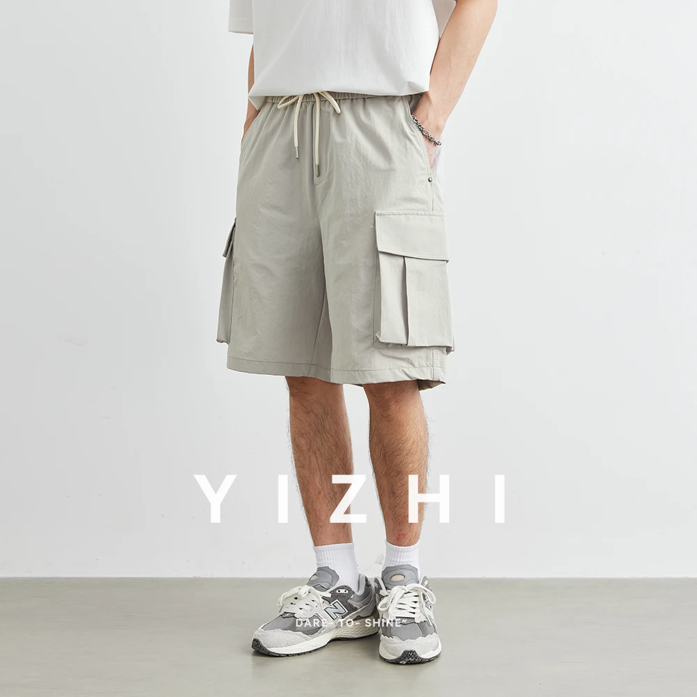 Fashion Men's Large Pocket Wide Leg Work Shorts Summer New Outdoor Sports Straight Style Casual Pants Elastic Waist Design Short