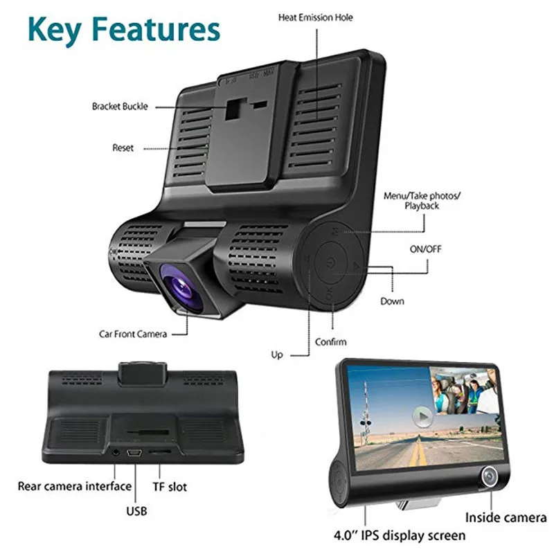 Hd 1080P night vision three lens dashcam suction cup car front, inside and rear synchronous cycle recording video