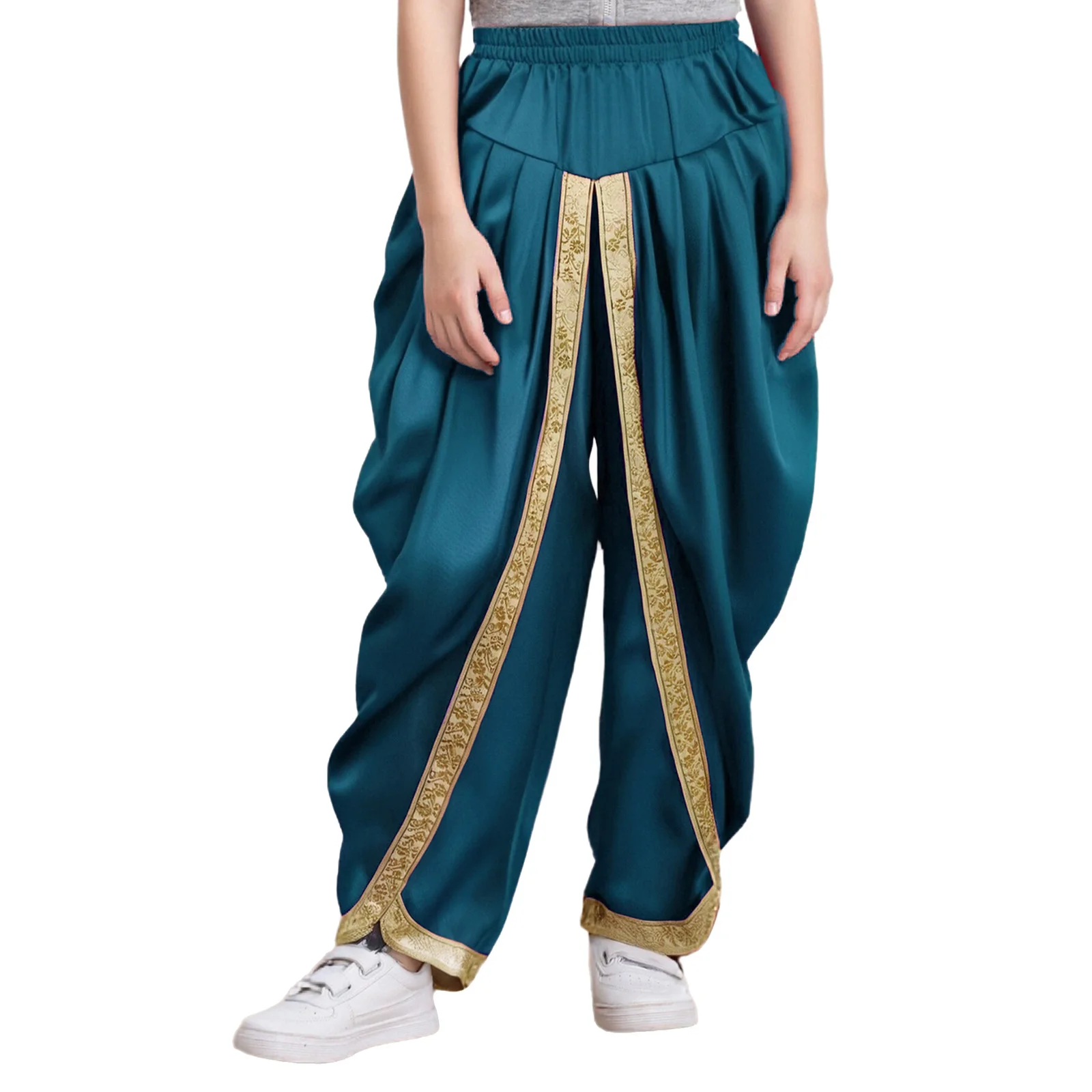Boys Satin Dhoti Pants Halloween Party Arabian Prince Cosplay Indian Traditional Costume Elastic Waistband Draped Baggy Trousers