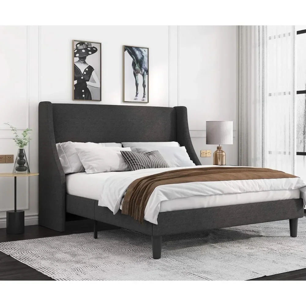 Bed, platform bed frame with padded headboard, modern luxury wing back, wooden support, mattress base