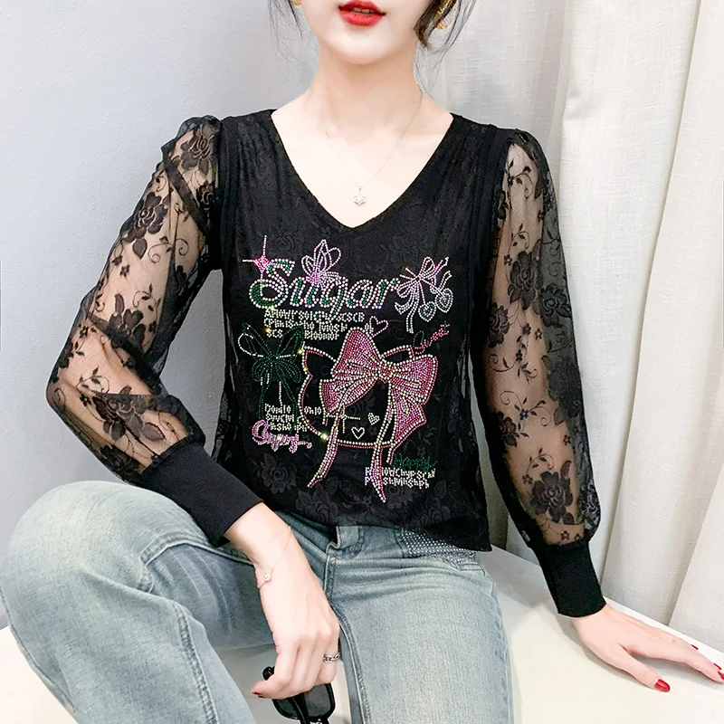 

Spring Autumn European Style Women Shirt V Neck Long Sleeve Lace Tops Patchwork Pullovers Blouse