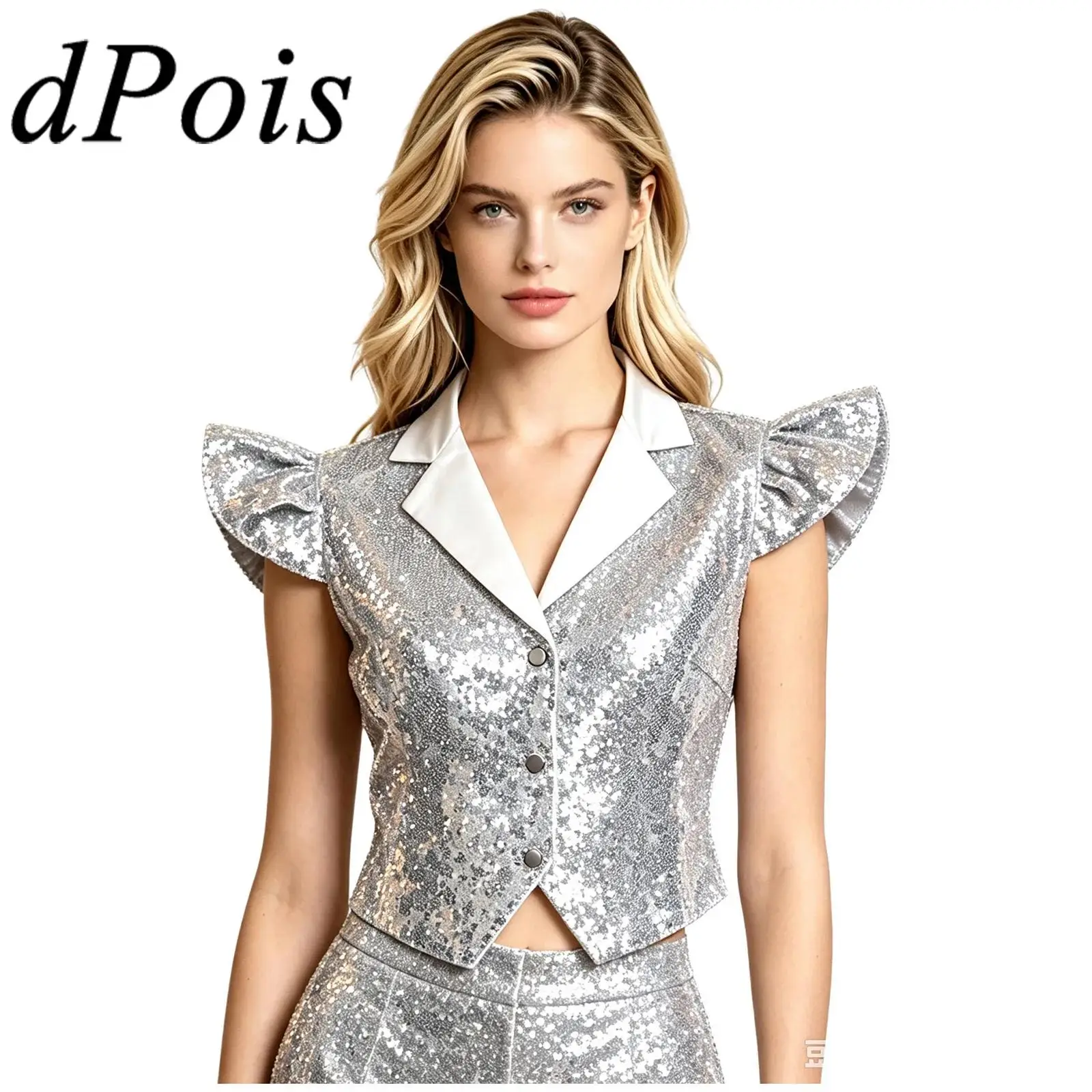 Womens Sparkly Disco Cosutme Sleeveless Vests Sequin Waistcoat for Rave Music Festival Nightclub Jazz Dance Party Dressy Tops