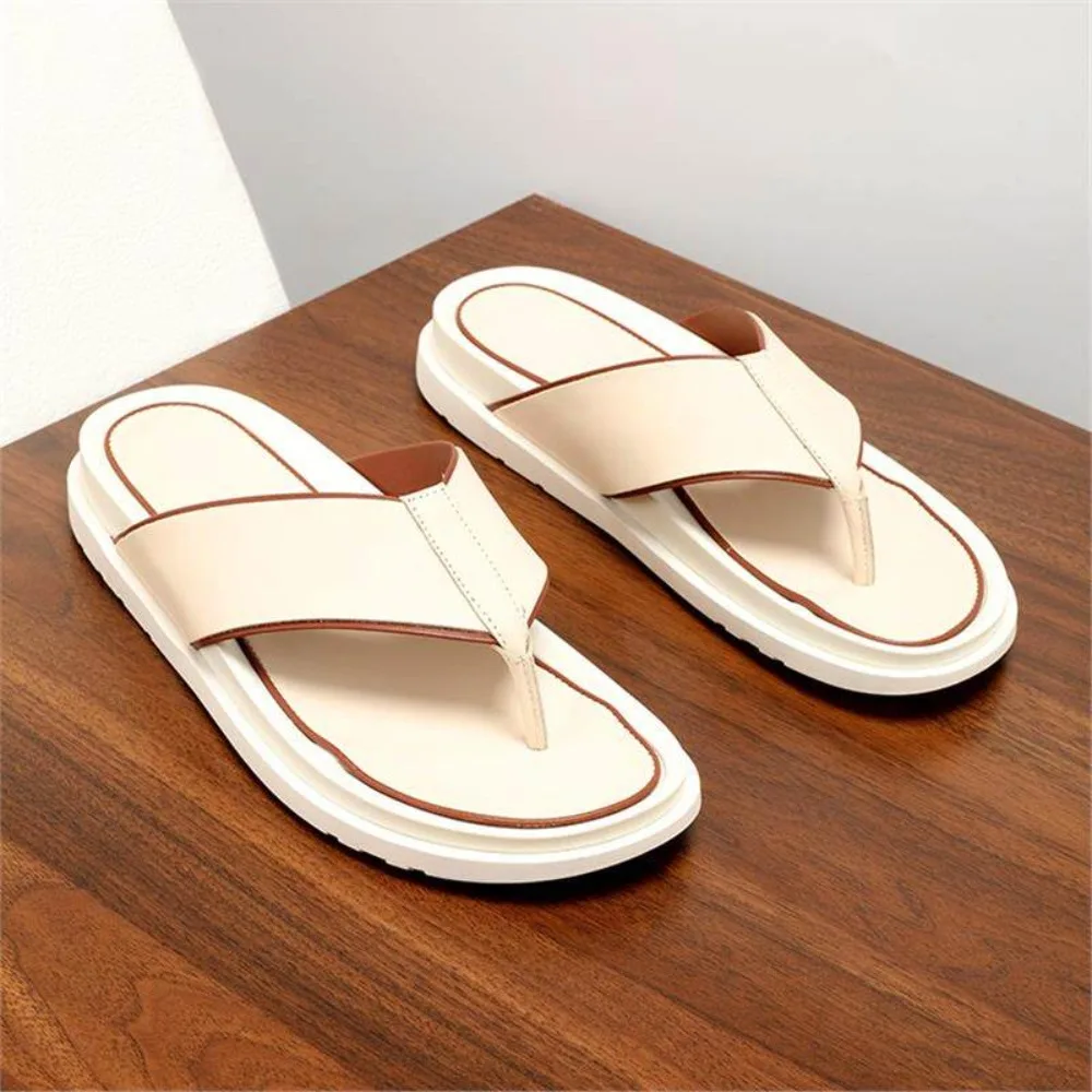 Summer White Mens Genuine Leather Slippers Outdoor Non Slip Beach Sandals Casual Outdoor Wear Mens Flip Flops