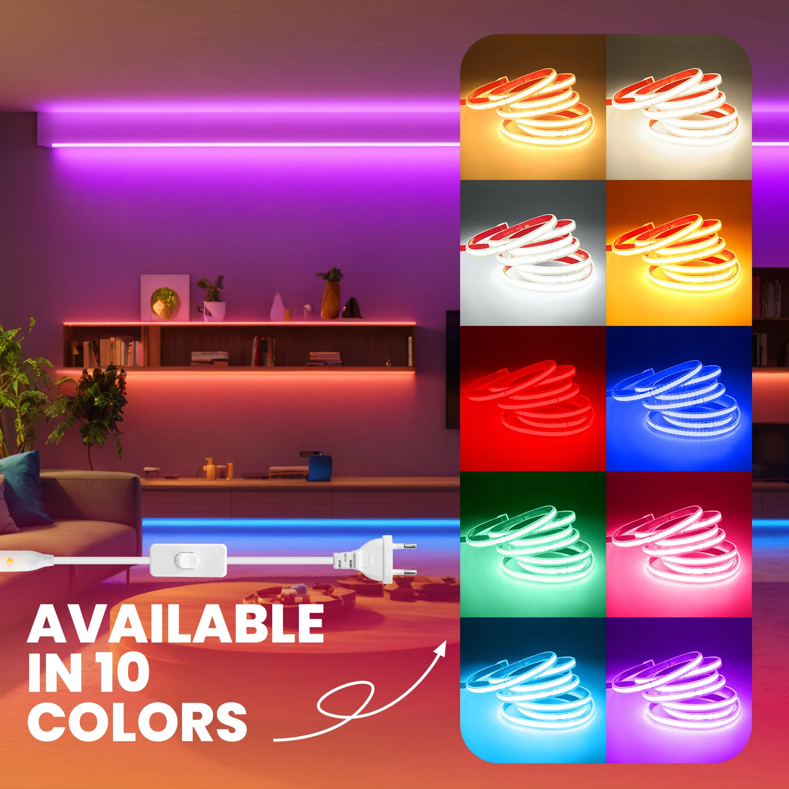 1-100M 220V COB LED Strip Waterproof With ON/OFF Switch High Bright 240LED/m Flexible Ribbon Tape Garden Kitchen Linear Lighting