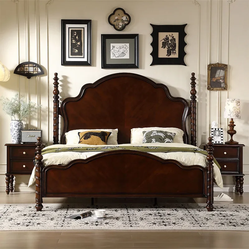 

.French Retro Solid Wood Bed Master Bedroom Home Antique Style 1.8 Meters Modern Light Luxury Double Bed Bedroom Furniture.