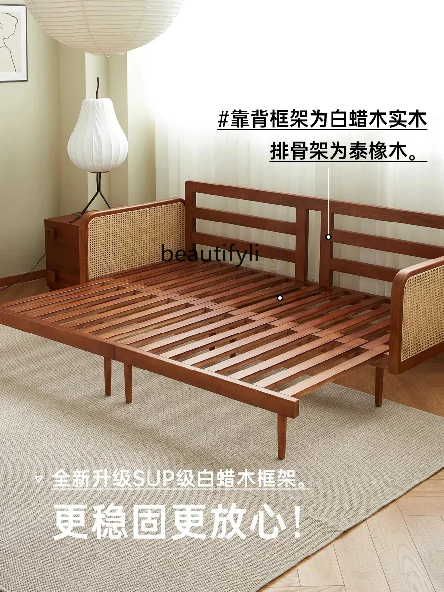 Sofá cama plegable Retro de doble uso, fila recta, madera maciza, ratán, sala de estar, tela de concubina imperial, moderno y sencillo