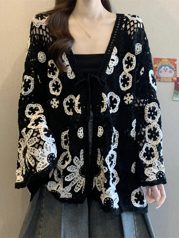 

Women's Knitted Hollow out Cardigan Spring 2026 New Sle plus Size Hook Flower Design Outerwear oulder Length Top