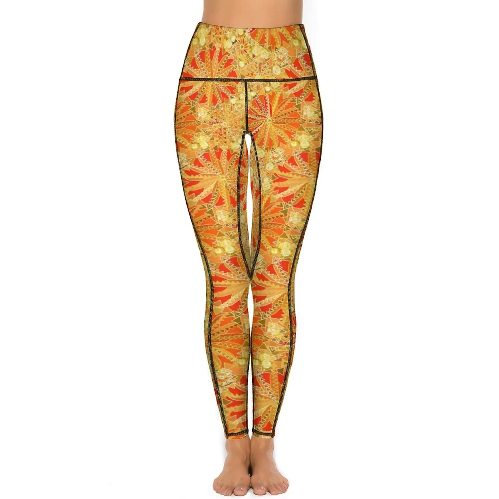 Tribal Mandala Print Leggings Gold and Orange Gym Yoga Pants Push Up Casual Leggins Quick-Dry Custom Sports Tights Gift Idea