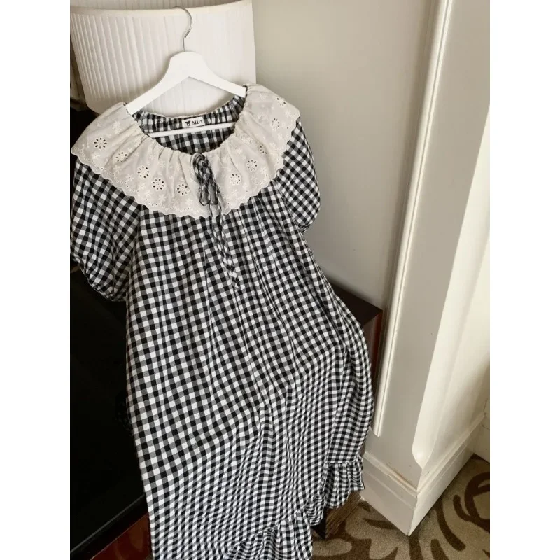 Women's Summer Thin Loose Pajamas Can Be Worn Outside Loungewear Sweet Lace Plaid Court Cotton and Linen Short-sleeved Nightgown