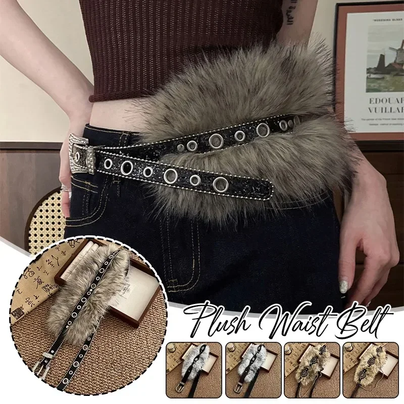 99-103-109-160-センチメートルレトロスタイルフェイクファーウエストベルトラインストーンパッチワークメタルぬいぐるみウエストチェーン毛皮のようなウエストバンドジーンズベルト新しい