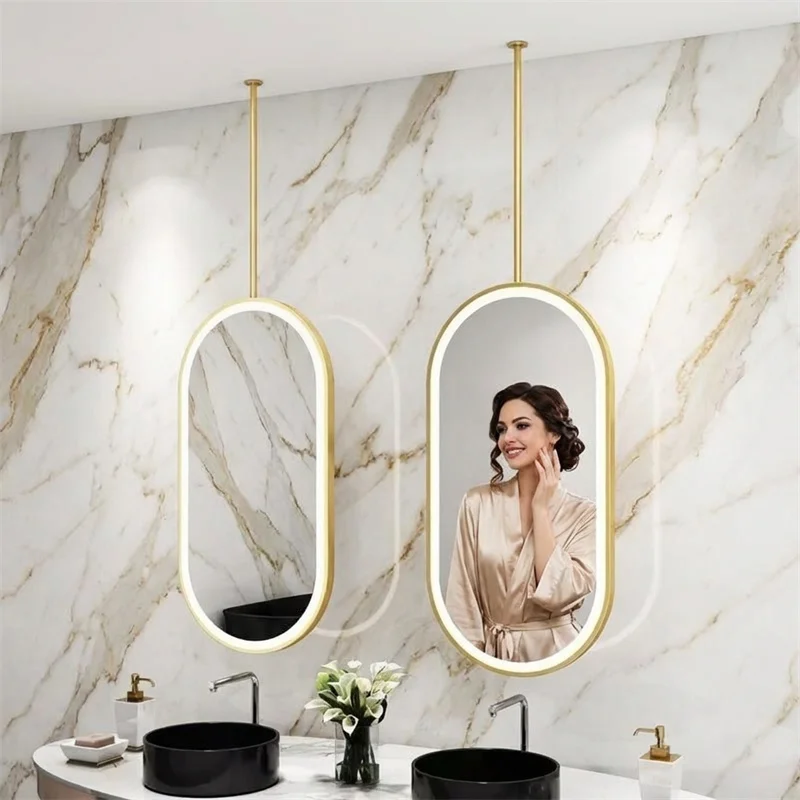 

Design Oval Bath Mirror Bathroom Ceiling Hanging Suspended Luminous Dual Sided Makeup Home Decor