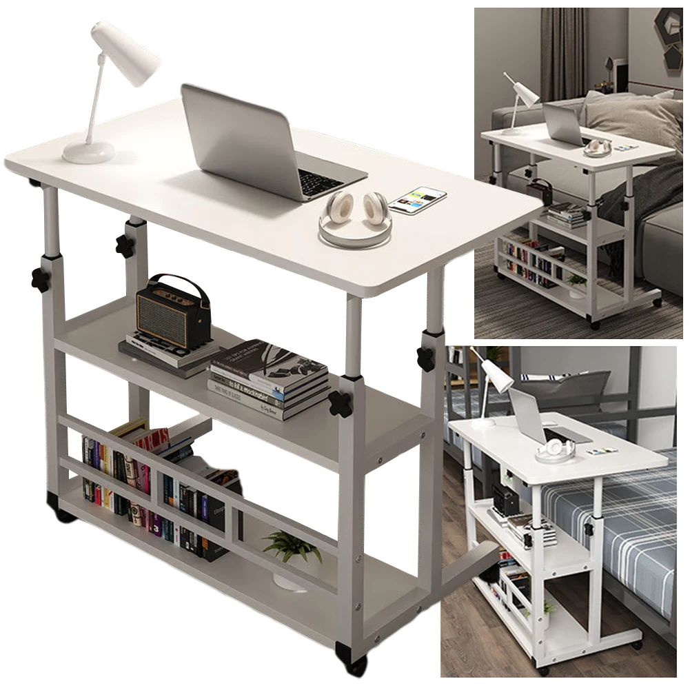 Mobile Laptop Standing Desk Adjustable Bedside Laptop Desk with Rolling Wheels Multi-Layer Storage Shelf Wooden Laptop Table