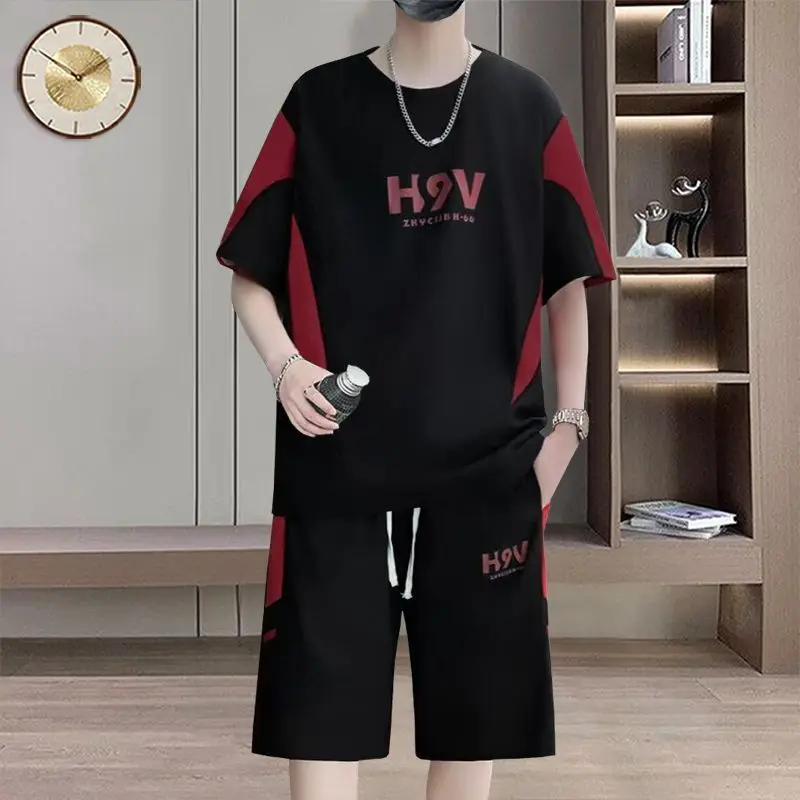 

2026 Summer Men Short Sleeve Two Piece Set Color Block Patchwork Round Neck Printed Korean Style Casual Loose Versatile Trendy