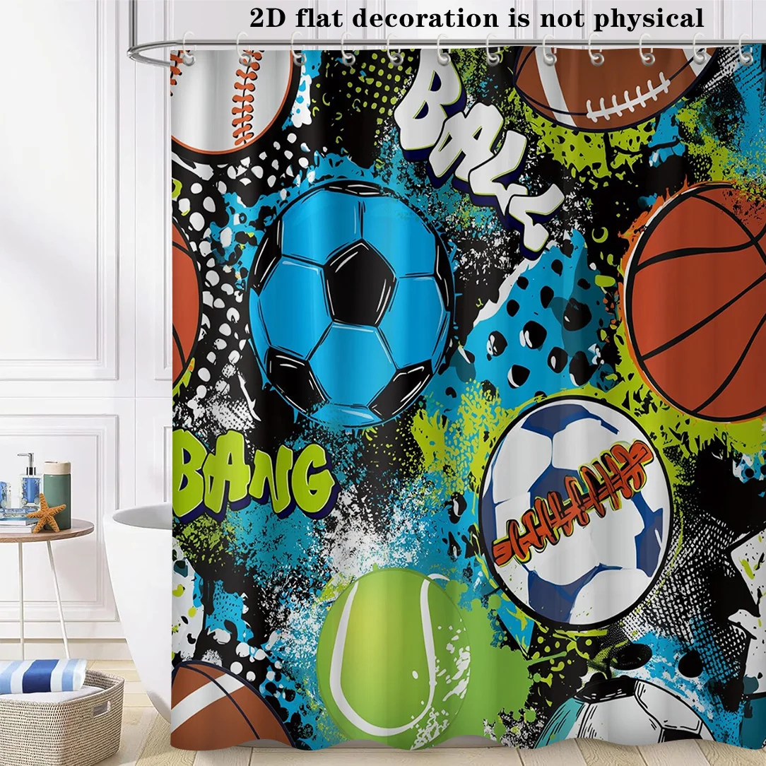 Sports Ball Shower Curtain, Graffiti Soccer Basketball Baseball Print Waterproof Bathroom Decor, Boys Kids Home Bath Screen