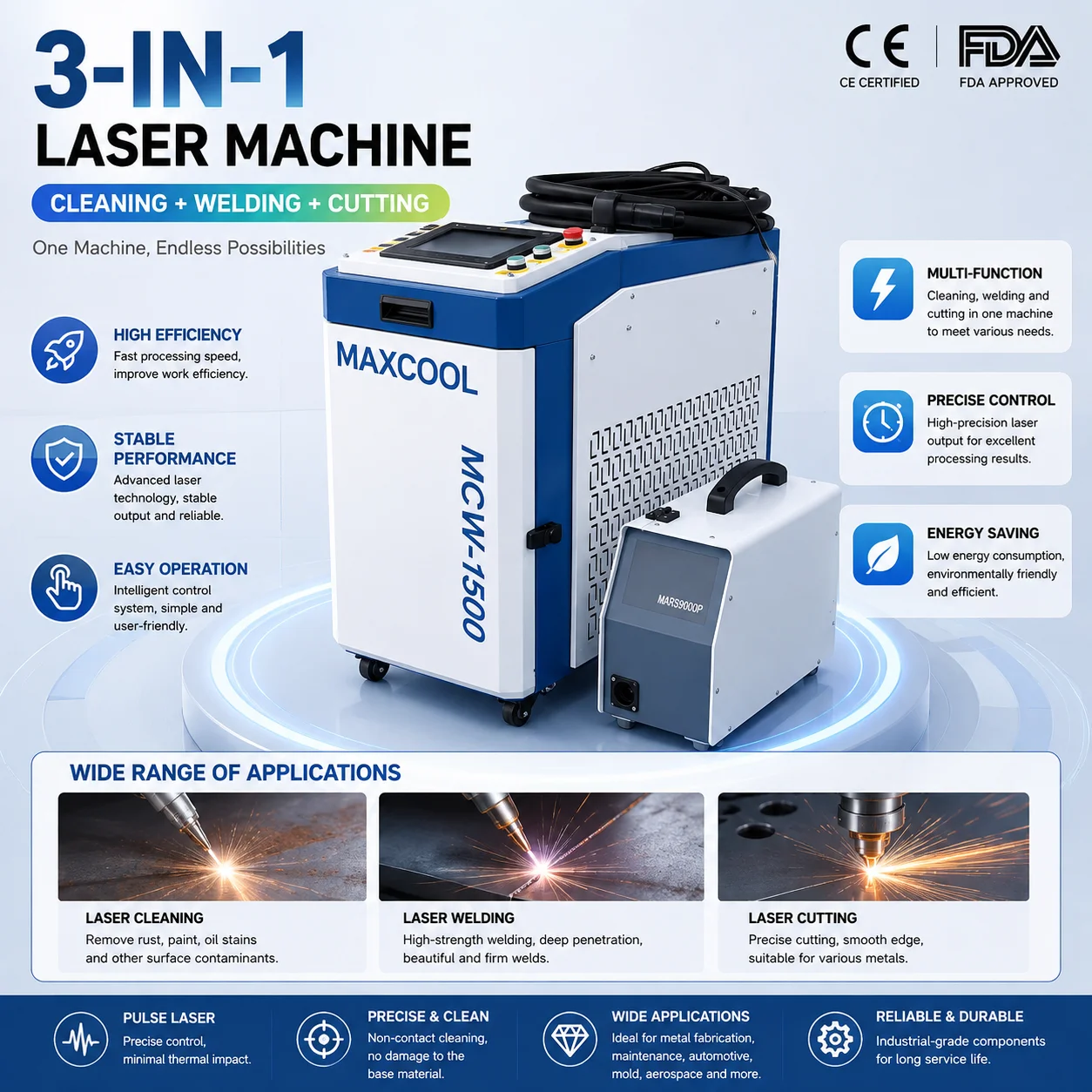 CE Certificate 3 In 1 Handheld Laser Welding Cleaning Cutting Equipment Best Seller for All Kinds of Metal Processing