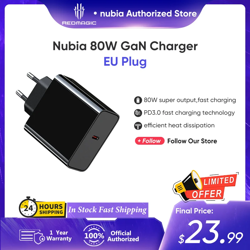 Original Nubia 80W Super Fast Charger EU Plug for Nubia Z50s Pro Nubia Z50 Ultra Red Magic 8 Pro Red Magic 7 Pro Xiaomi Redmi 12