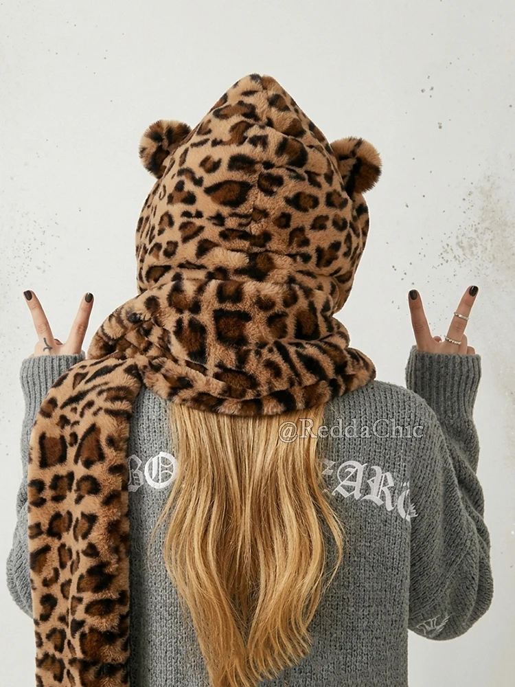 REDDACHiC Women Leopard Print Hooded Scarf Faux Fur Teddy Plush Beanie Bear Ears Balaclava Retro Y2k Winter Hat Chunky Snow Cap