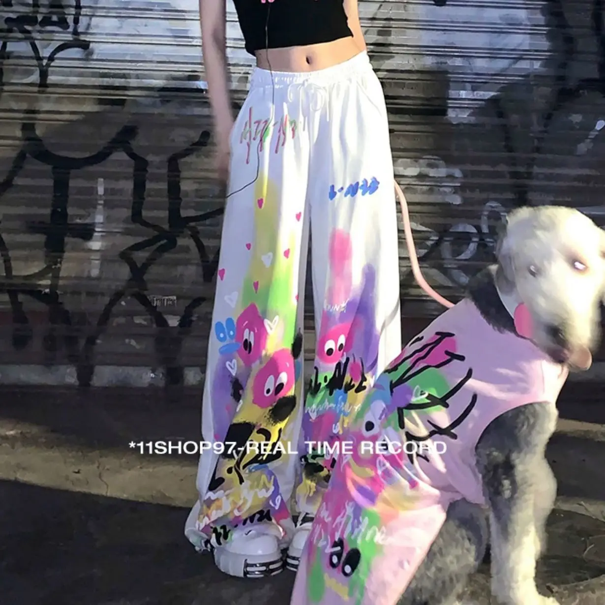 New Y2K Retro Pink Cartoon Figure Printed Overalls Trousers Female Personality Street Hip-Hop Loose Casual Dancing Sports Pants