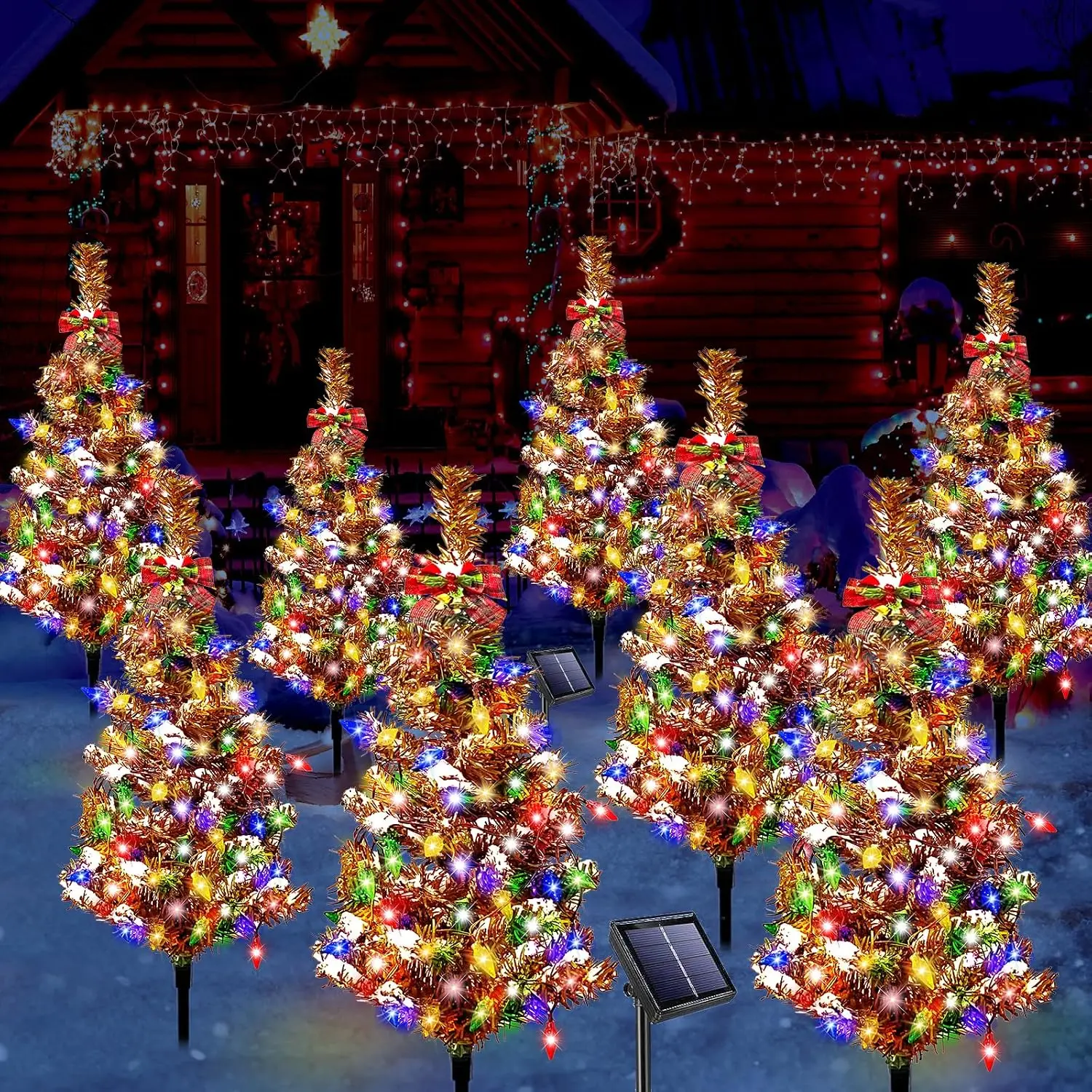 Solar Christmas Trees for Outdoors, 8-Pack, 160 Multicolor LED Lights, Red Bow