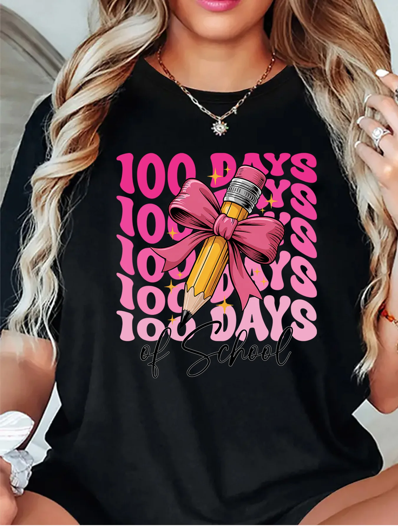 Womens 100 Days Of School T Shirt Pink Pencil Bow Graphic Short Sleeve Casual Loose Tee For Teacher School Party Daily Wear Tops